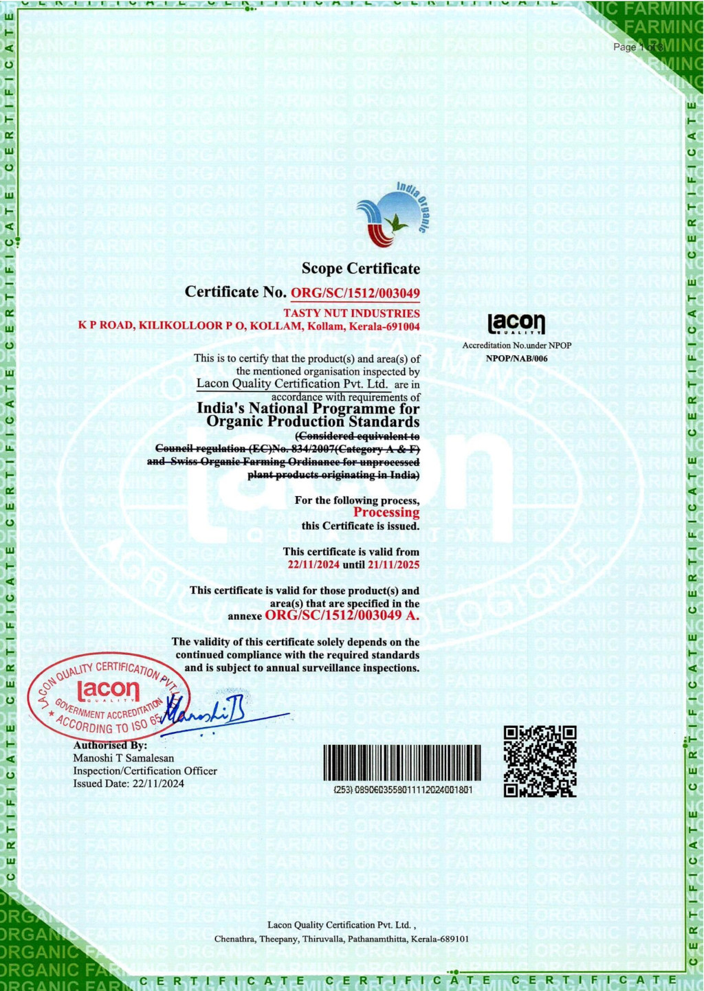 Organic certificate NPOP